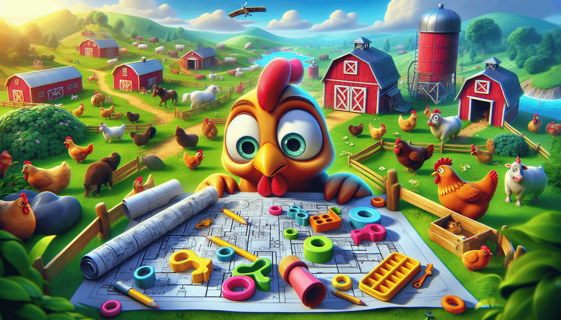 Cartoonish farm with a chicken