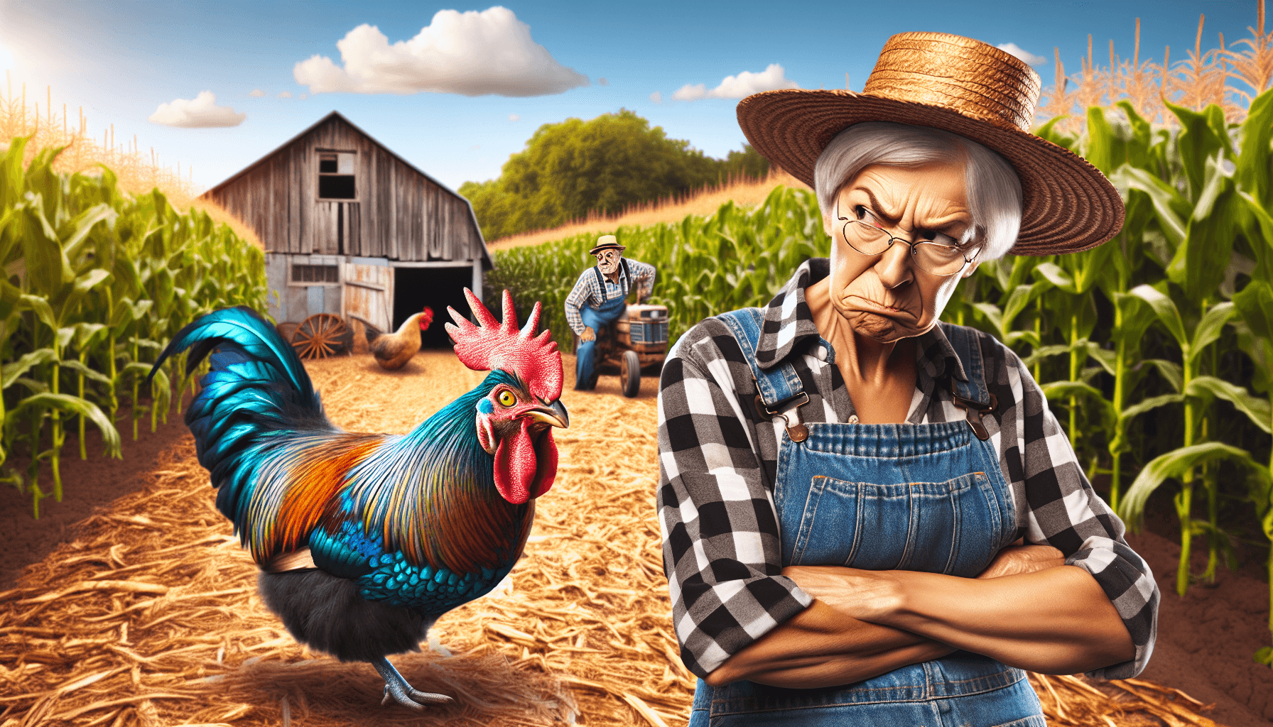 Chicken sneaking past farmer